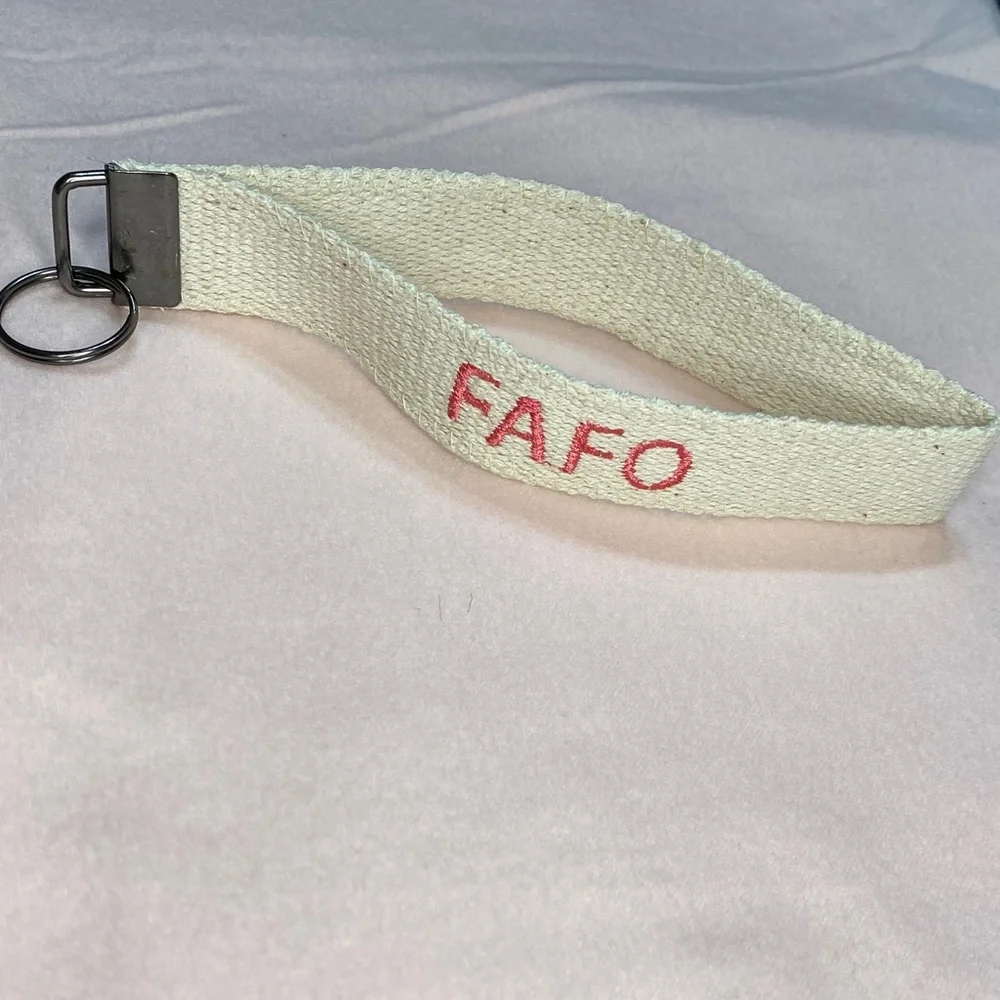 Handmade FAFO Embroidered Keychain Key Fob Wristlet Beige 7